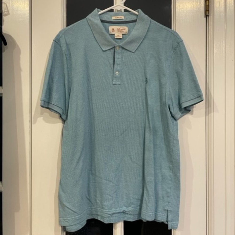 Penguin ss collared shirt, men's L, turquoise